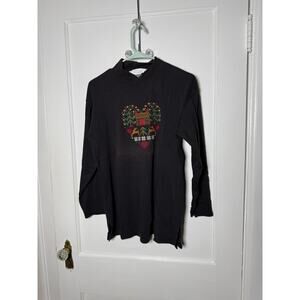 Vintage Cambridge Dry Goods Mock Neck Black Winter Heart Long Sleeve Shirt MED